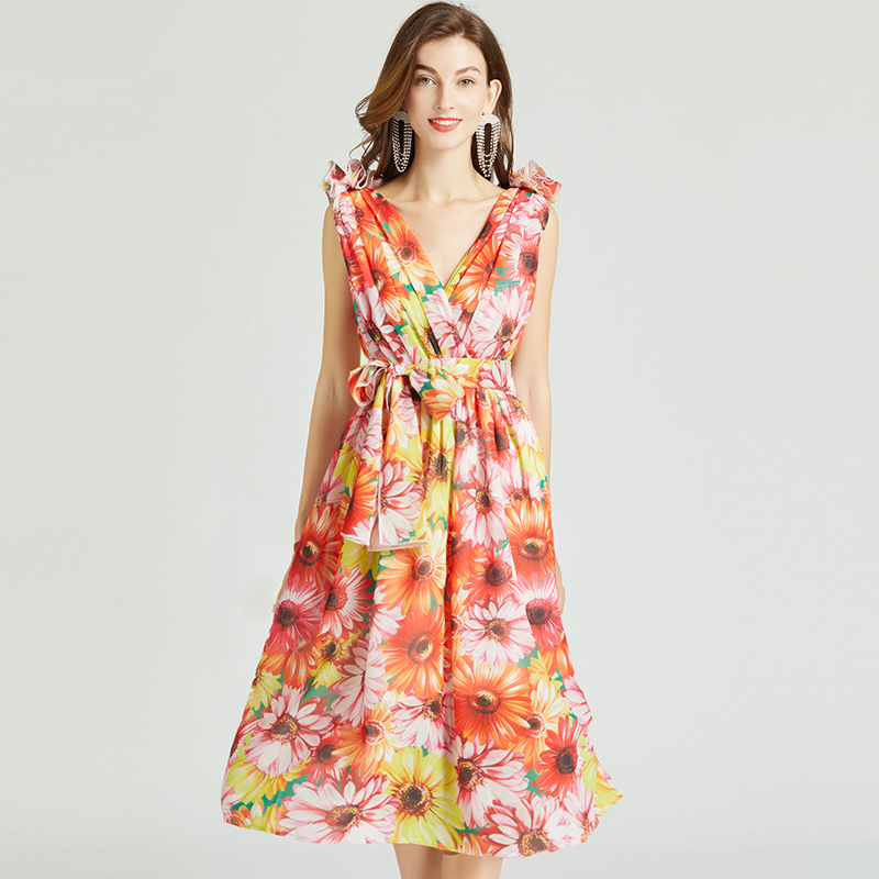 

Sexy Sleeveless Party Floral Backless Dress Woman Designer Summer Casual Resort V-Neck Bow Lace Up Prom Vest Dresses 2022 Women Clothes Runway Slim A-Line Midi Frock