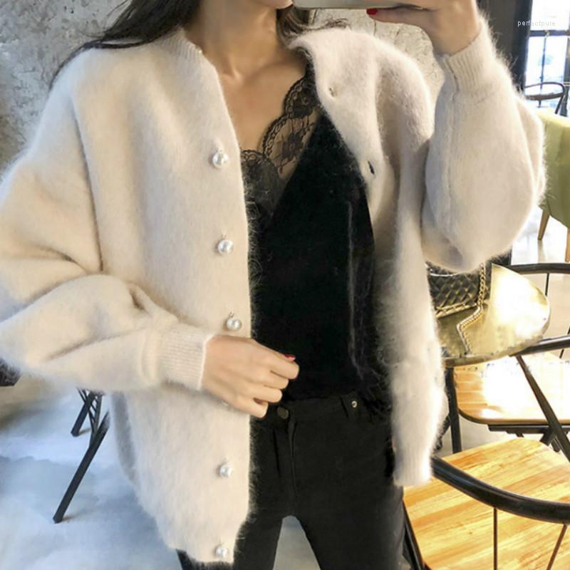 

Women's Knits & Tees Women Chic Pearls Beads Fluffy Mohair Sweater Lantern Sleeved Knitted Cardigan Buckles Velvet Jacket Oversized Perf22, Pink