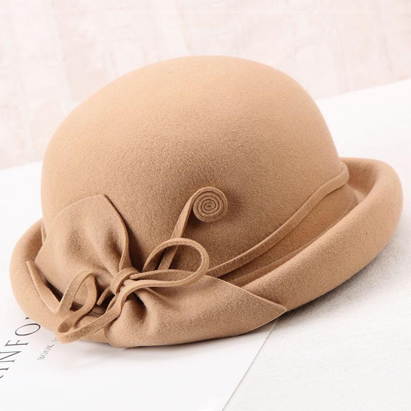 

Berets Autumn Winter Wool Fedoras Hat Women Elegant Fashion Bowknot Retro Basin Cap Ladies Pure Color Curling Party HatsBerets BeretsBerets, Black