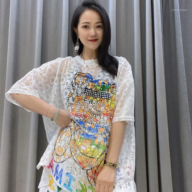 

Women's T-Shirt Big Size Pattern Hollow Out Tees Women Lace See Through Swimsuit Cover Round Neck Sequins Sunscreen Clothes, White