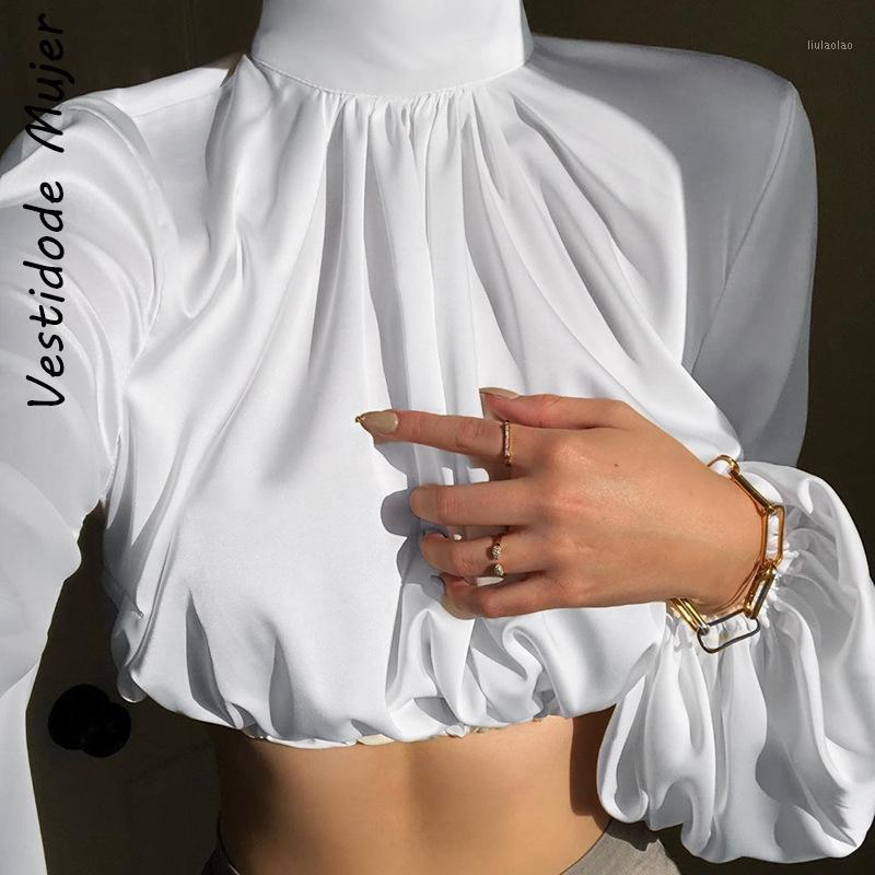 

Women's Blouses & Shirts Satin Women Solid Stand Collar Lantern Sleeve Cropped Tops Elegant Black White Fashion Ladies Blouse Female 2022