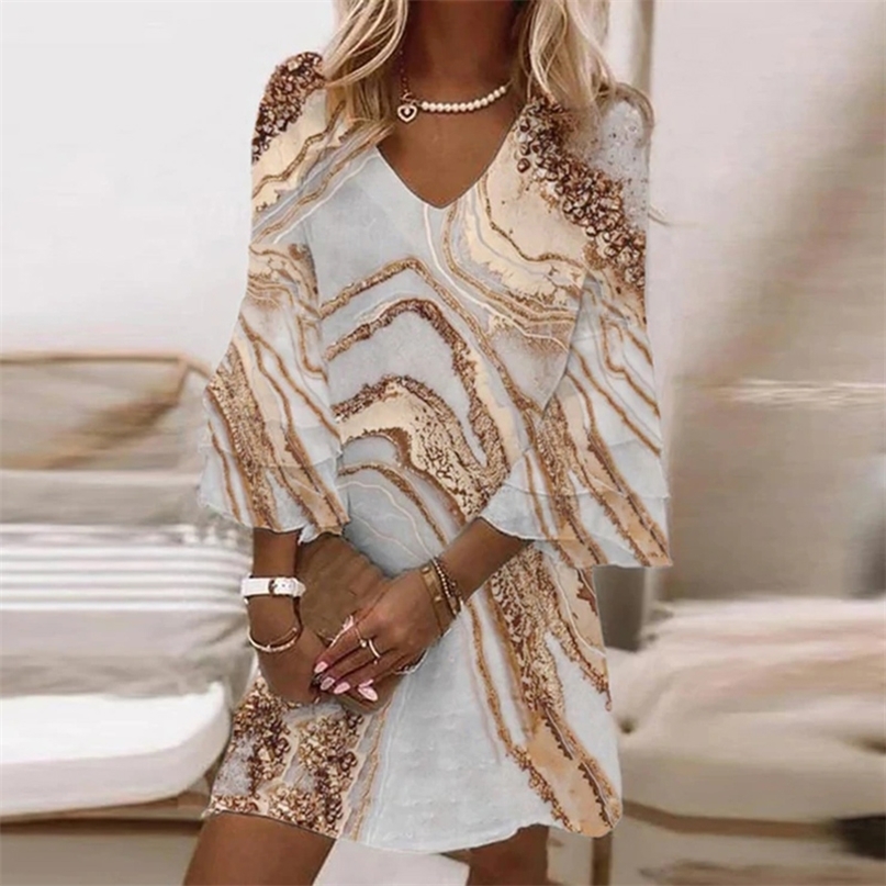 

Women Flare Sleeve Mini Dresses Summer Boho Fashion Elegant V Neck Patchwork Female Vintage Print Loose Beach A Line 220613, Style3