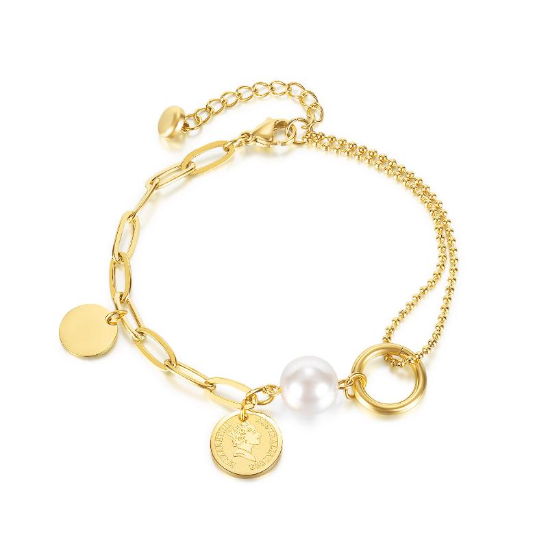 

Link, Chain Hemiston Two Color Pearl Coin Charm Bracelet Cool Style For Women Gift