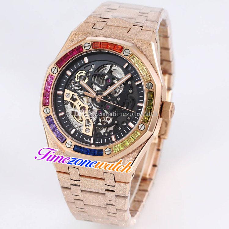 

K8F 41mm Black Skeleton Tourbillon Dial Automatic Mens Watch Rose Gold Frost Gold Case Frosted Steel Bracelet Rainbow Diamond Watches 6 Color Timezonewatch A26A (6), Customized waterproof service