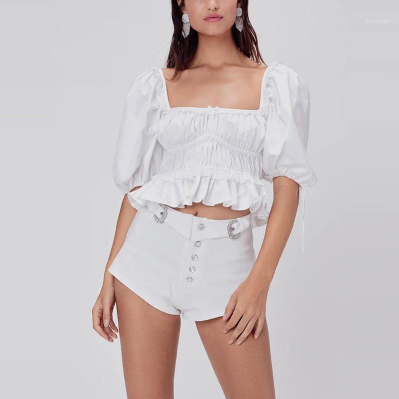 

Summer Casual Lace Up Puff Sleeve Crop Top Women Square Collar Ruffles Pleated Blouse Pullover Shirt Ladies White Tops Women' Blouses & Shi