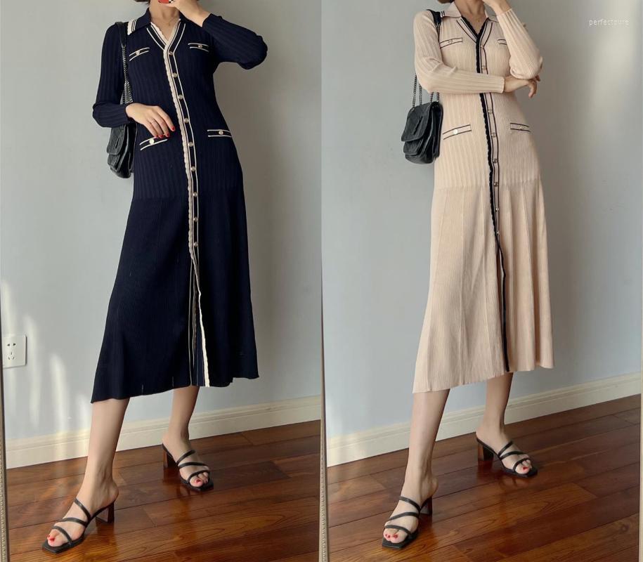 

Women's Knits & Tees 22 Early Style Contrast Color Edge Slim Long-sleeved Long Cardigan Knitted Dress Ladies Top Perf22, Black