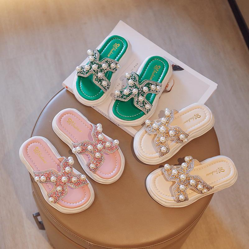 

Slipper Girls Slippers 2022 Summer Fashion Kids Pearls PU Rhinestone Non-slip Open-toe Children Soft Beautiful SandalsSlipper, Green