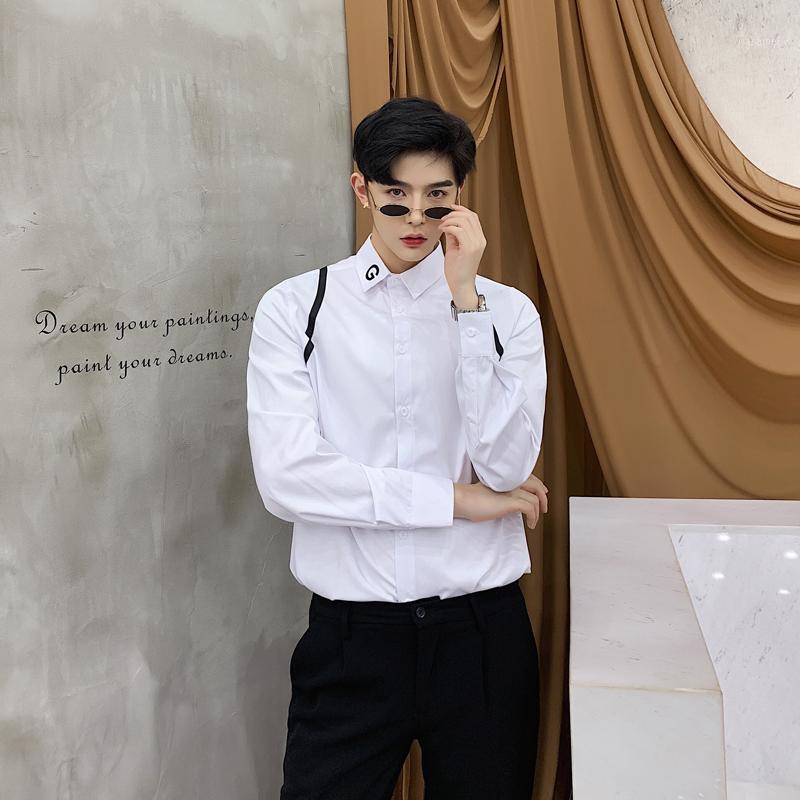 

Men's Casual Shirts 2022 Fashion Men Shirt Long Sleeve Ribbon Neckline Embroidery Black White High Street Trendy Loose Male