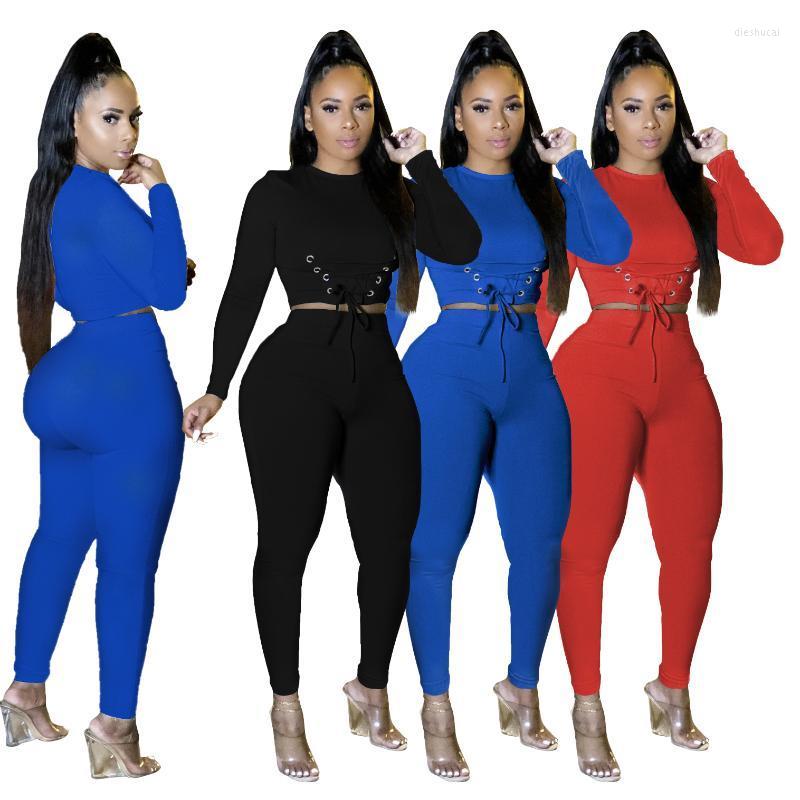 

Women' Two Piece Pants Pure Color Lace-up Long-sleeved Trousers Two-piece Suit Autumn Round Neck Fashion Pencil Casual, Black