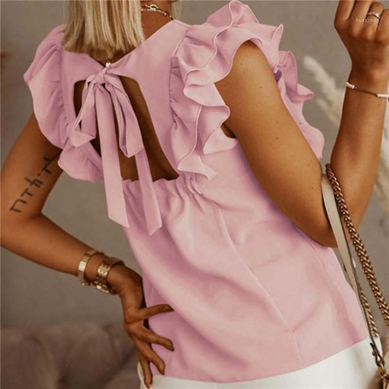 

Women' Blouses & Shirts 2022 Summer Casual Tops Ruffles Short Sleeve Backless Lace Up Women Blouse Solid O-neck Pleated Elegant Loose Ladie, White