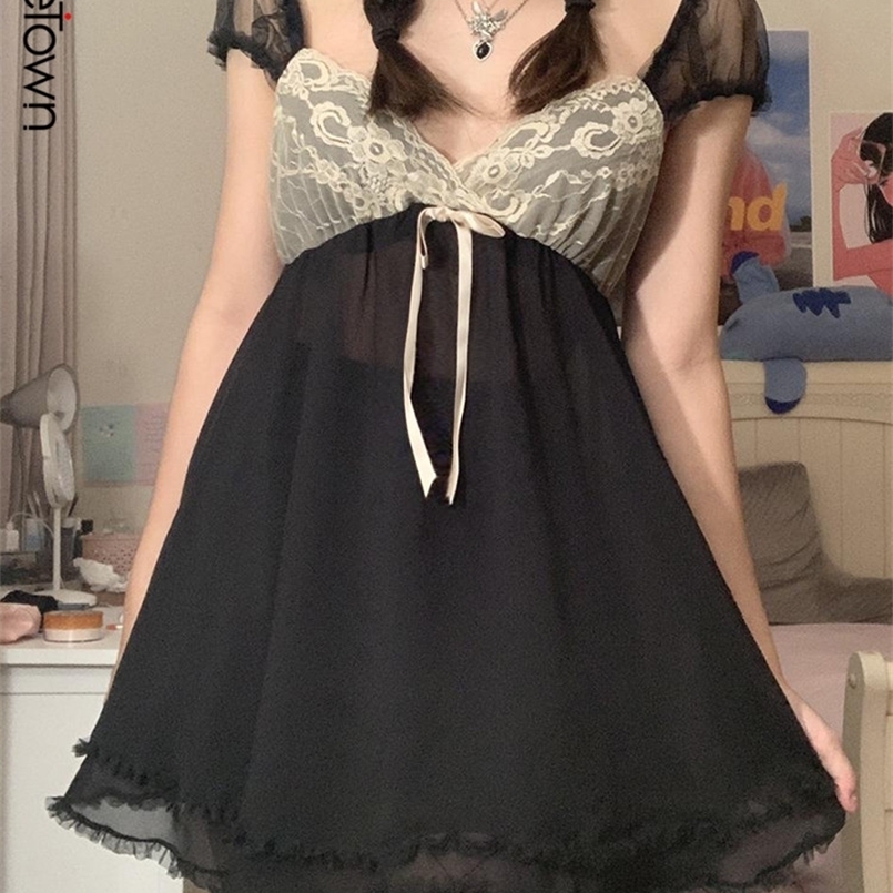 

Sweetown Patchwork Lace Cute Y2K Chiffon Dresse Square Collar Elegant Grunge Fairycore Clothes Ruffles Short A Line Dress 220608, Black