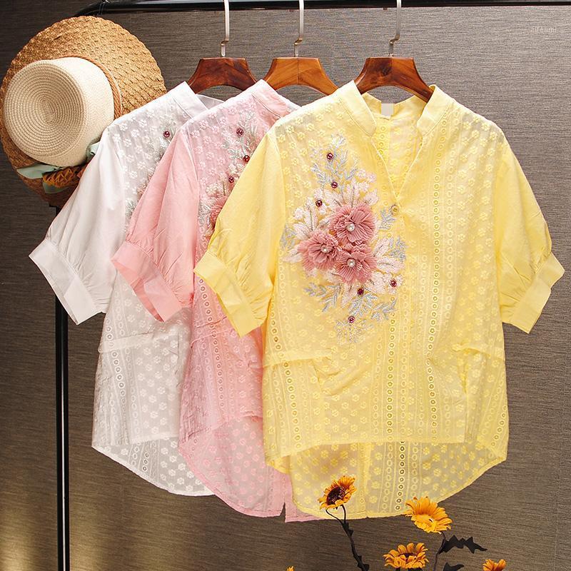 

Blusas Mujer De Moda 2022 Female Hipster Embroidered Three-dimensional Flower Short-Sleeved Cotton Comfortable Summer Blouse Women's Blouses, Pink