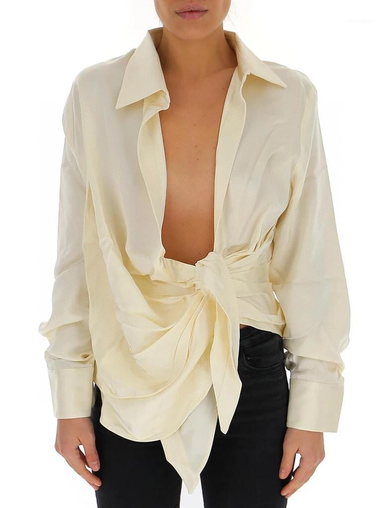 

Women' Blouses & Shirts 2022SS Summer Sexy V Neck Long Sleeve Blouse Ladies High Quality Tee Shirt 2 Color For Female Ddxgz2 7.12, Beige