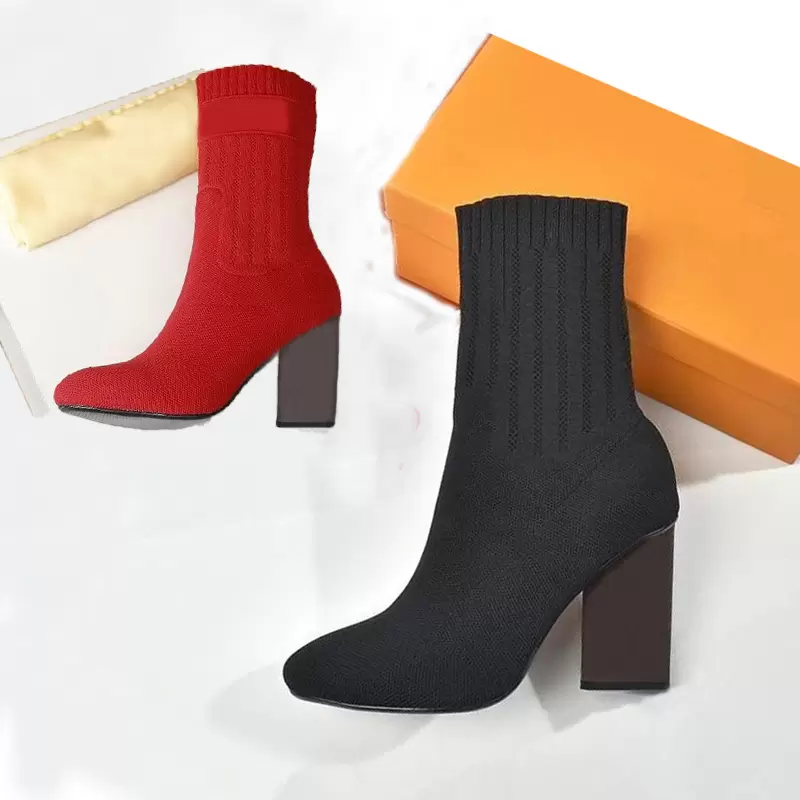 

autumn winter socks heeled heel boots fashion sexy Knitted elastic boot designer Alphabetic women shoes lady Letter Thick high heels Large size 35-42 us4-us11 With box, Red