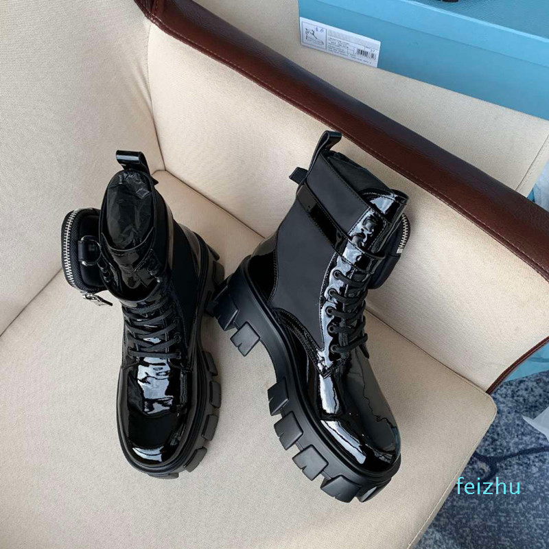 

Monolith Patent Leather Nylon Pouch Ankle Combat Boots Platform Wedges Lace-up Round Toe Block Heels Flat Booties Chunky Luxury Designer, Black/polish