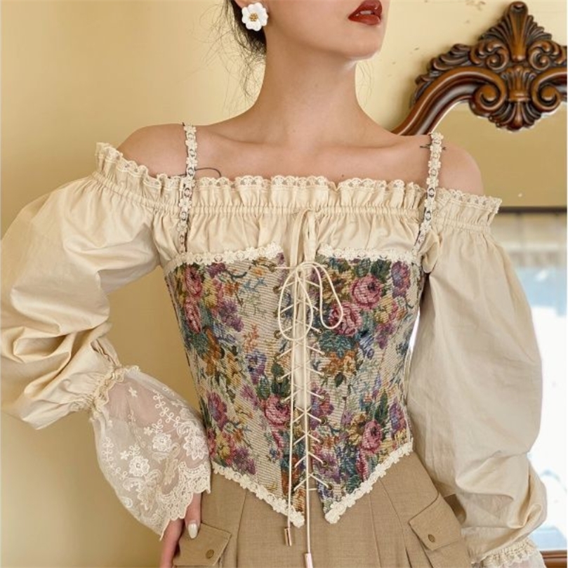 Women Elegant Designer French Vintage Print Halter Tops Chic Bandage Floral Corset Shirts Sexy Style Party Club Ladies Top 220610