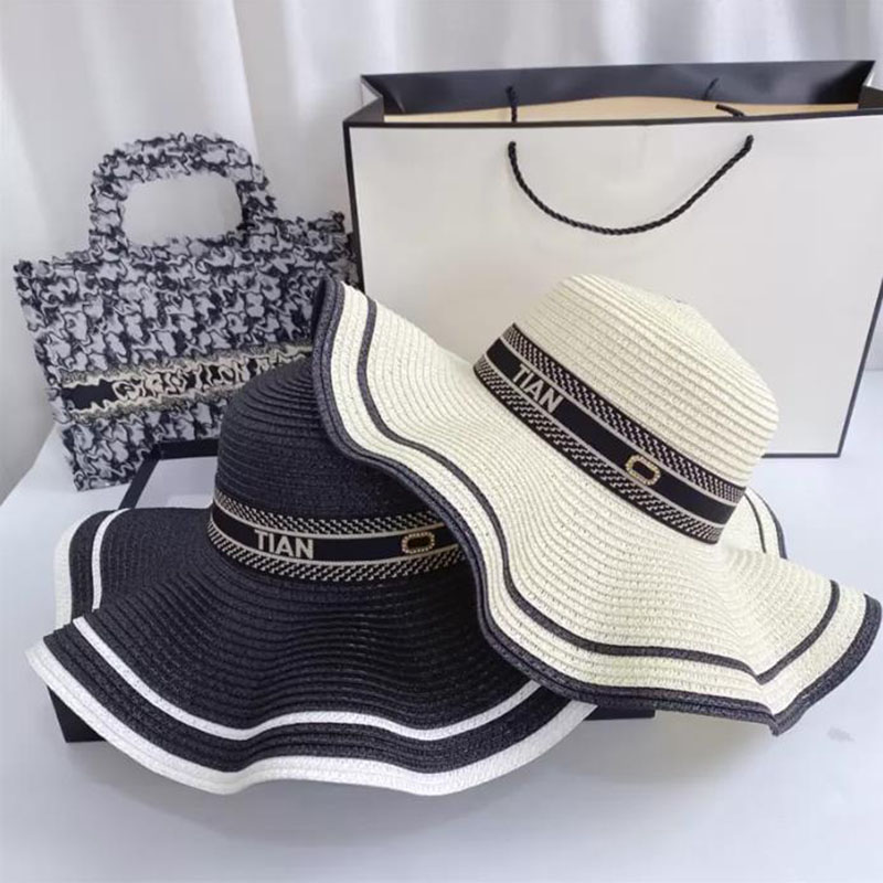 

Womens Designer Bucket Hat Ruffled Straw Hat Fashion Knitted StrawHat Cap For Woman Wide Brim Hats Summer Outdoor Beach SunHats, Black