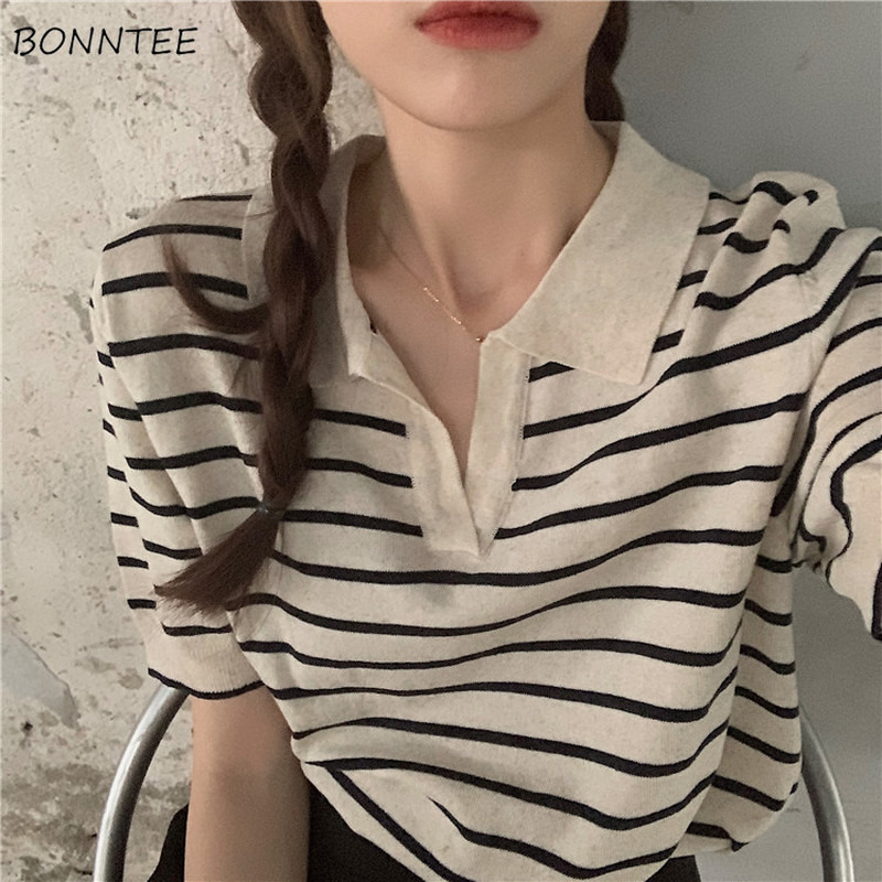 

Tshirts Women Tees Striped Vintage Office Lady Y2k Top Vneck Summer Harajuku BF Classic Cropped Soft Streetwear Fashion Design 220615, Blue