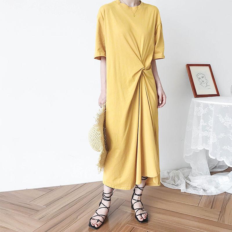 

Casual Dresses Summer Solid Short-Sleeve Women Dress Loose Side Split Ladies Large Size Midi Korean Clothes Beach PlusCasual, Black