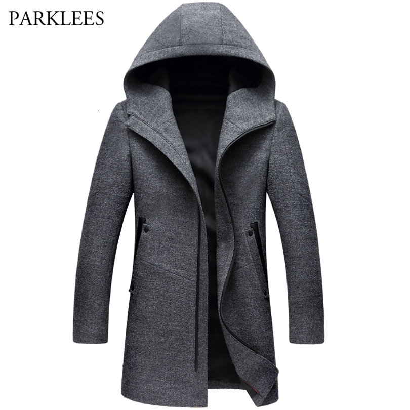 

Winter Long Hooded Trench Coat Men 2017 Winter Casual Men's Wool Hoodie Trench Coats Zipper Slim Fit Mens Windbreaker Pea Coat CJ191128, Black