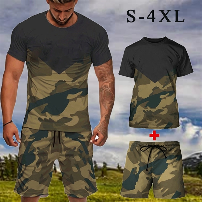 

2 Piece Set Summer Men  Camouflage Short Sleeve Suit Patchwork Trend Casual Breathable Sportswear Male T shirt Shorts Plus Size 220615