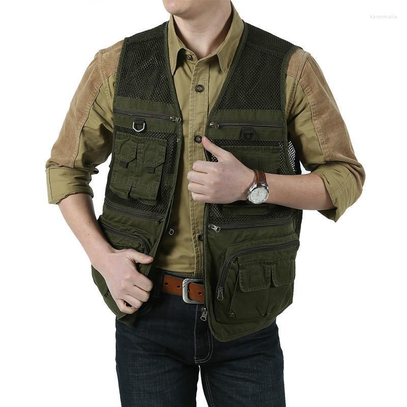 

Men's Vests Brand Mens Sleeveless Jacket Cotton Casual Multi Pocket Vest Men Plus Size -3XL Travel Journalist Waistcoat Coat Kare22, Army green