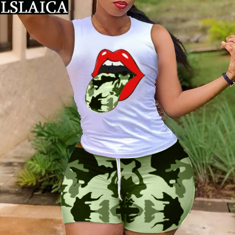 

Women s Sports Suit Sleeveless T shirts Lipps Printed Drawstring Waist Shorts Set S 2XL Fashion Knitted Summer Women Sets 220616, Red