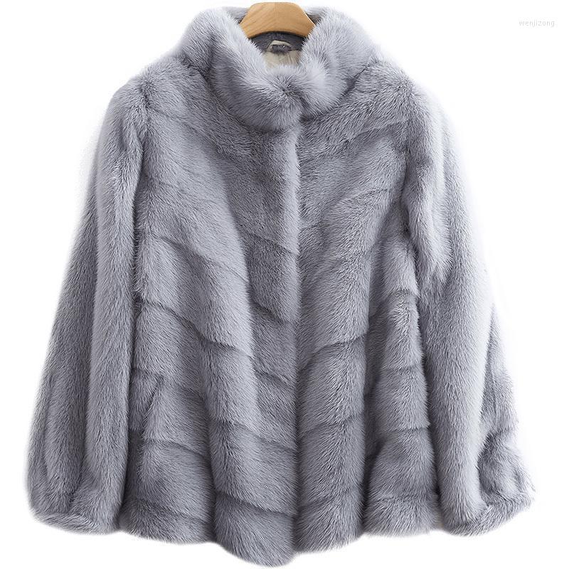 

Women' Wool & Blends 2022 Haining Short Fund Keep Warm Mink Leather And Fur Overcoat Stand Lead Loose Coat, Blue haze