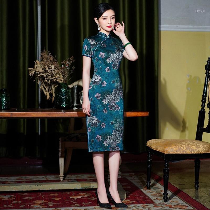 

Brocade Spring Autumn Middle-aged Costume Etiquette Chinese Style Dress Qipao Long Vintage Modern Cheongsam Short Sleeve Ethnic Clothing