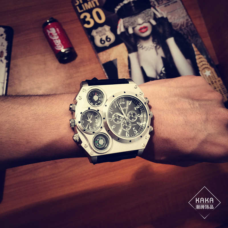 

Popular fashion men's fake thermometer fake compass design four dial watches European and American street dance barber watches, Black