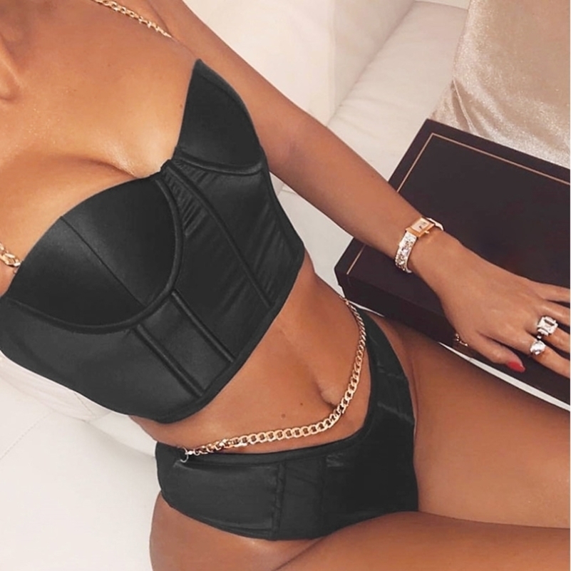 Summer Vintage Womens Sexy Metal Chain Strap Satin Solid Color Vest Sleeveless Bone Bustier Vest Tube Top Bralette Bandeau Y200512