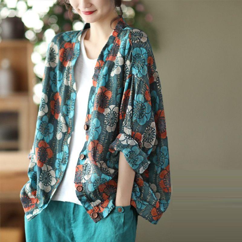 

Women's Blouses & Shirts Spring/autumn Arrival Women Loose Long Sleeve V-neck Casual Blouse Print Cotton Linen Single Breasted P279Women's, Orange