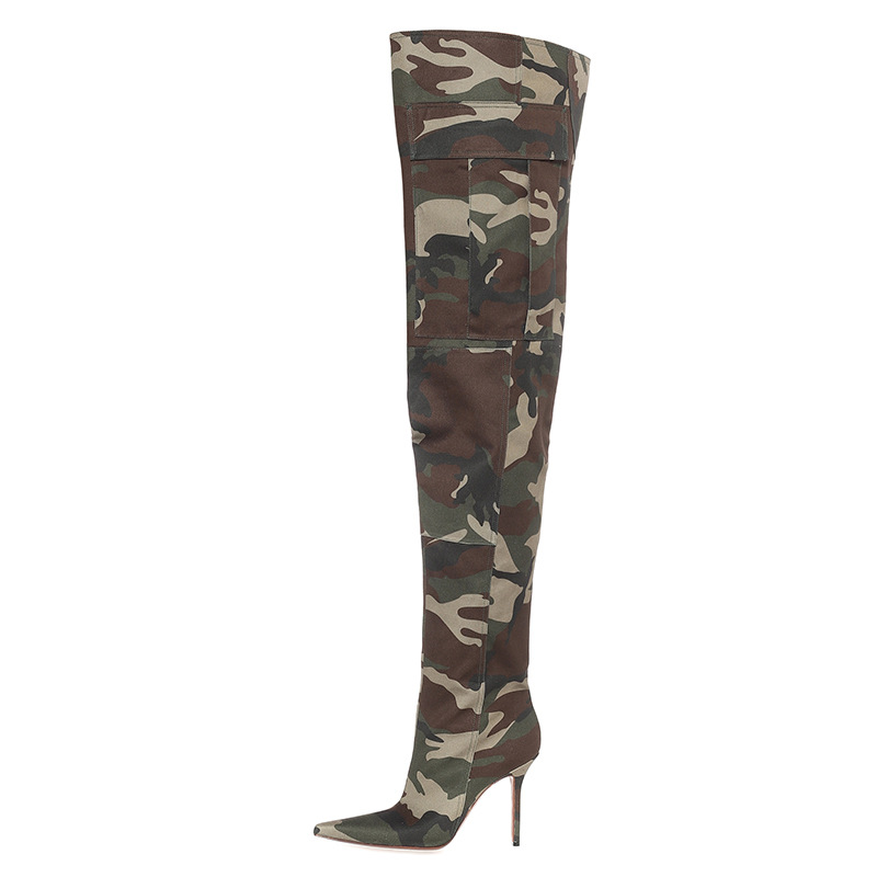 

boots woman winter 2022 pointed toes patchwork Demin spike heels army green zipper Thigh High long Boot female plus size