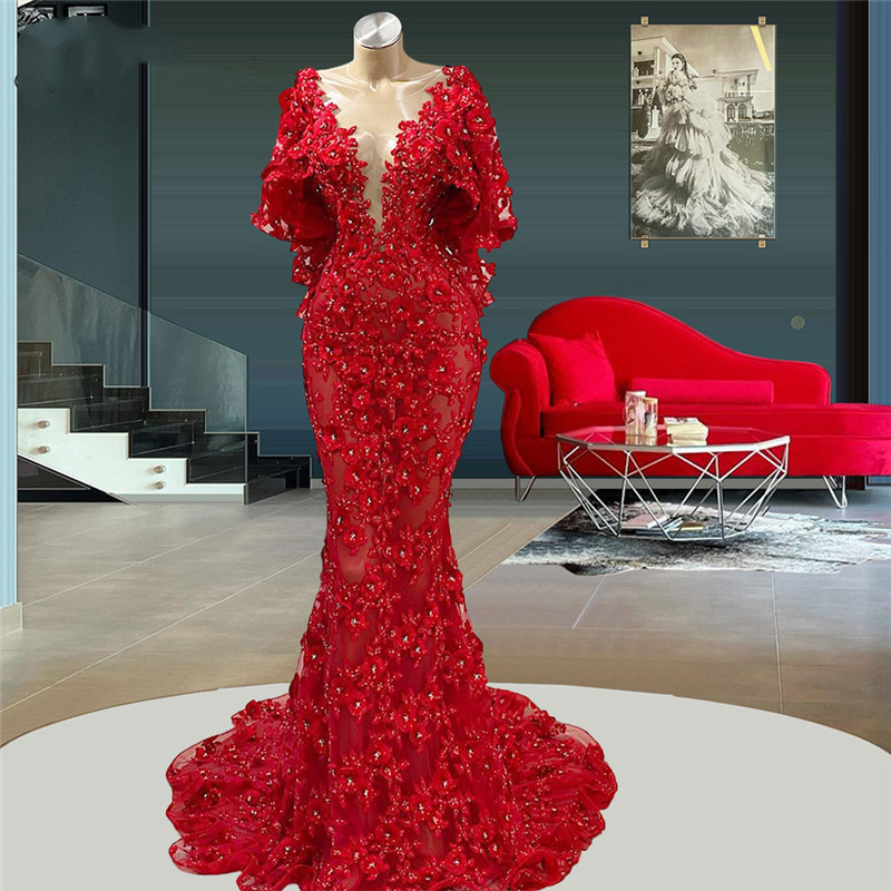 

Red Luxury Mermaid Prom Dresses Sexy Deep V Neck Long Sleeves Sequins Appliques Beads Hollow 3D Flower Floor Length Plus Size Formal Party Gowns Custom Made, Light yellow