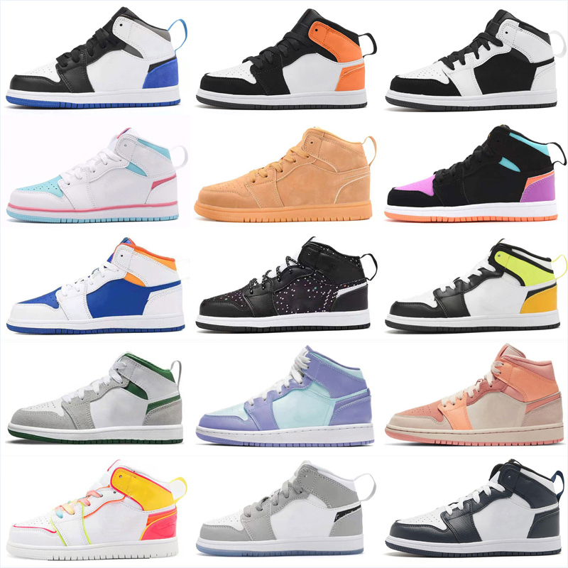 

Shoes Mid Top 1s Walking Shattered Backboard Middle upper lacing boys girls J 1 Running Sneakers Kids pine green outdoor Jogging Trainers, As photo 9