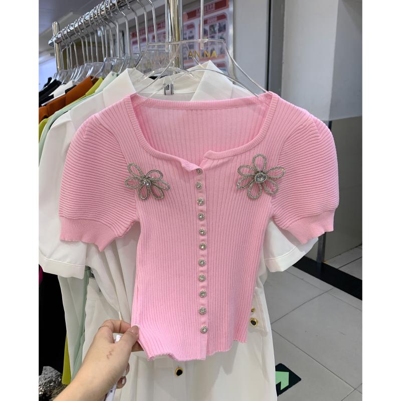 

Women's T-Shirt High Quality Women Fashion Summer Sweet Cute Star Nails Diamond Ice Silk Knitted Cardigan Short-Sleeved TopWomen's, Sky blue