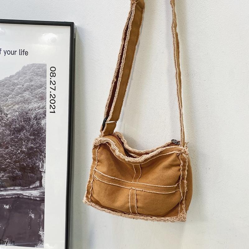 

Evening Bags 100% Cotton Canvas Teenager Fashion High Street Frayed Hem Messenger Bag Female Casual Small Size Phone Side Sling Shoulder Bag, Beige