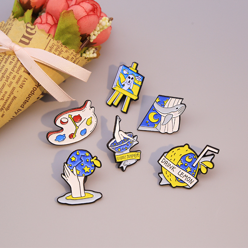 

Cartoon cute blue Brooch drawing board paintbrush painted whale Broochdrinking lemon hand and strawberry Enamel Brooch alloy badge pocket pin