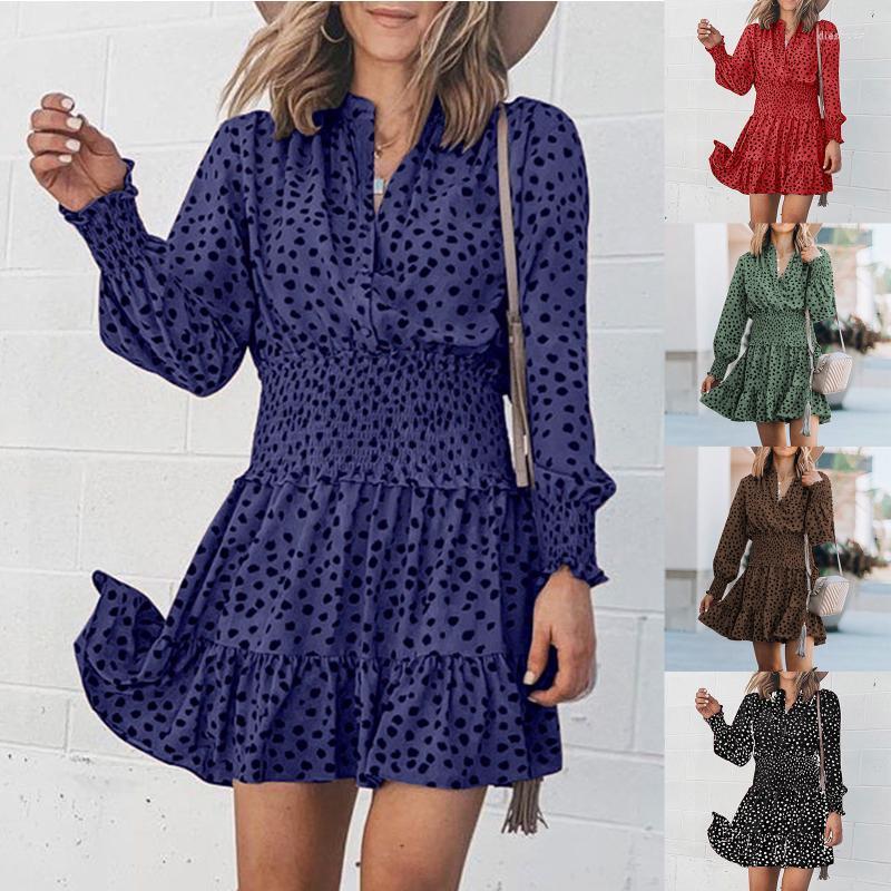 

Casual Dresses Bohemian Dot Pleated Dress For Women Sexy V Neck Elastic Waist Ruffle Streetwear Beach Holiday Elegant Ladies Mini, Black