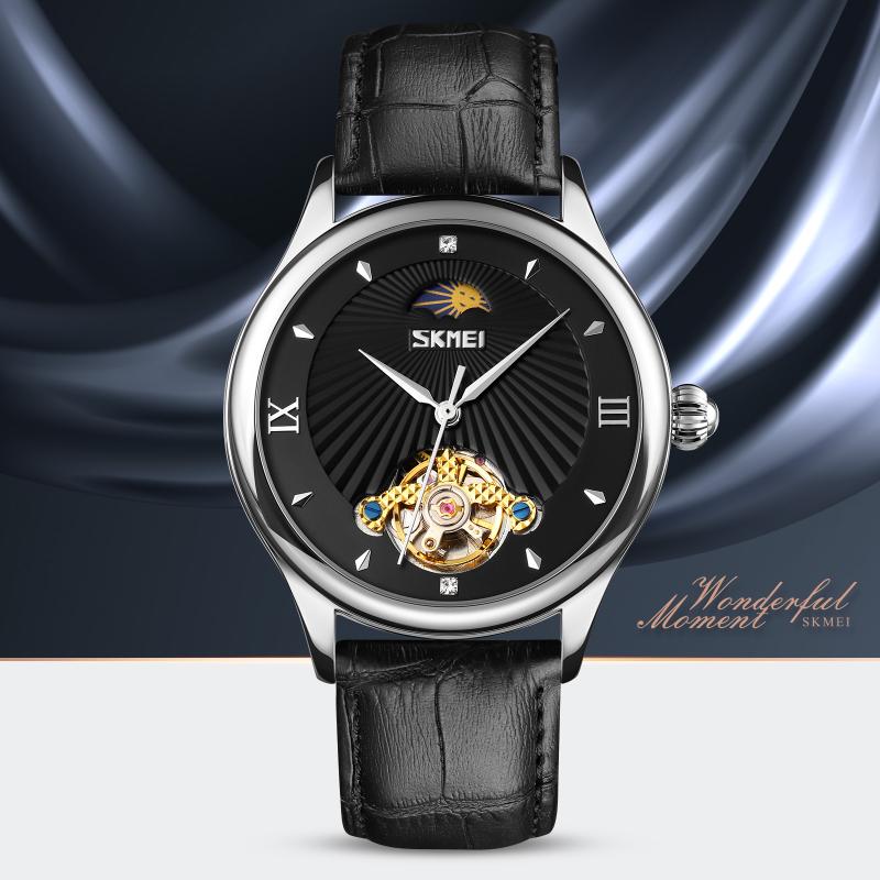 

Wristwatches Fashion Watch Hollow Dial Men Watches Automatic Mechanical Leather Strap Moon Phase Mens Reloj HombreWristwatches, White