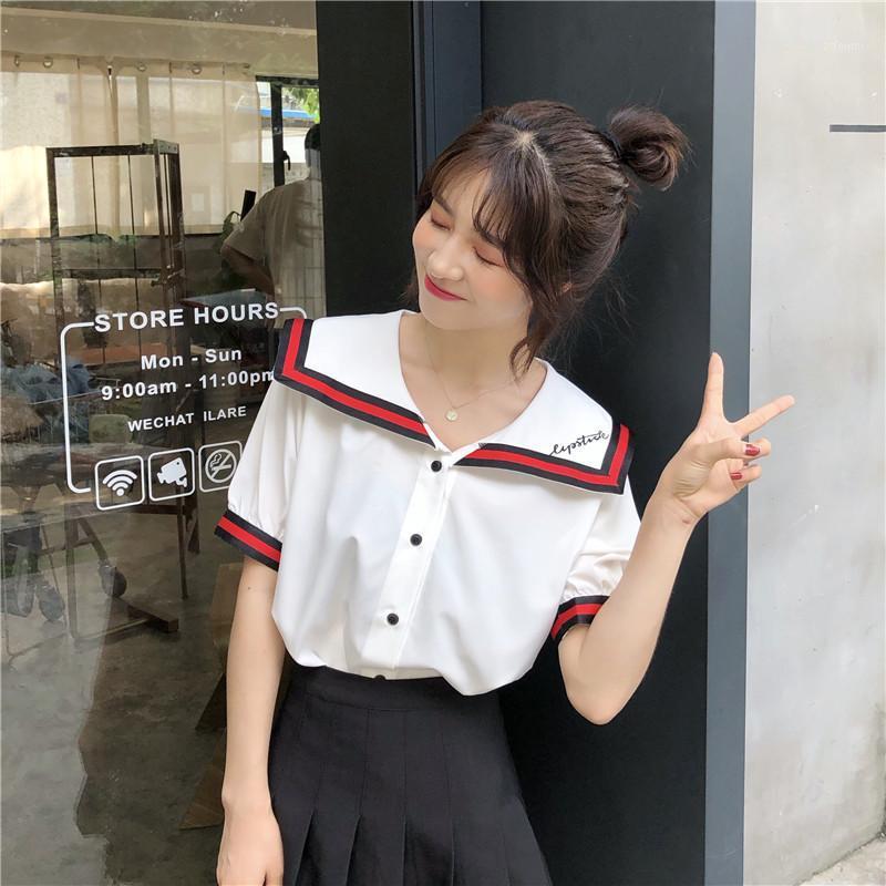 

Women's Blouses & Shirts Streetwear Tops Womens Clothing Short Sleeve Sailor Collar Chiffon Striped Shirt Women Summer Korean Sweet Chic Blo, White