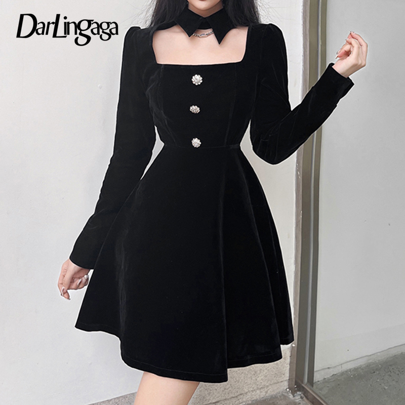 

Darlingaga Korean Fashion Gothic Halter Neck Velvet Black Dress Ladies Buttons Elegant Club Party Spring Autumn Dresses A-Line
