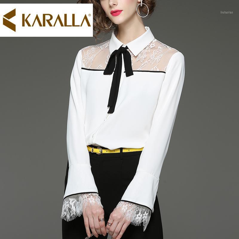 

Women' Blouses & Shirts Hook Hollow-out Sexy Lace Chiffon Blouse Elegant Office Lady Temperament Women Fashion Bowknot Long Sleeves Shirt C, White