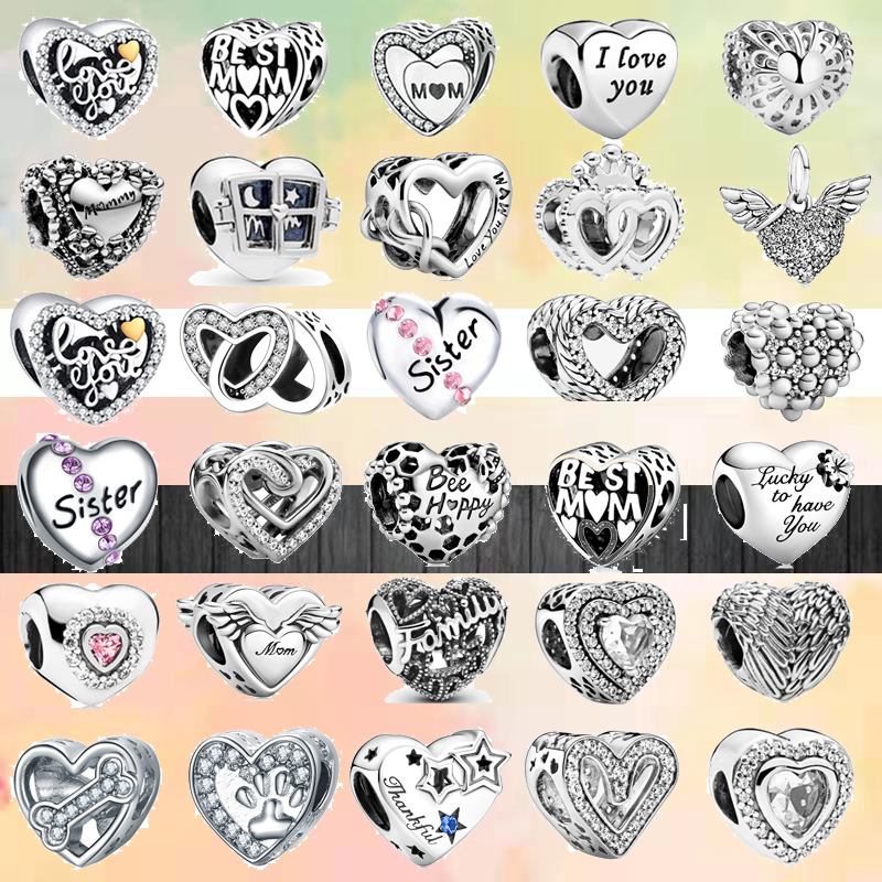 

925 bracelet charms for Pandora charm set Original box Color Shiny Love Heart Sister Family Classic European Bead necklace charms jewelry