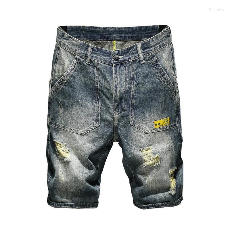 

Men's Jeans Mens Shorts Denim Retro Blue Cotton Ripped Summer For Men Loose Fit Hollow Out Knee Length JeansMen's Bert22