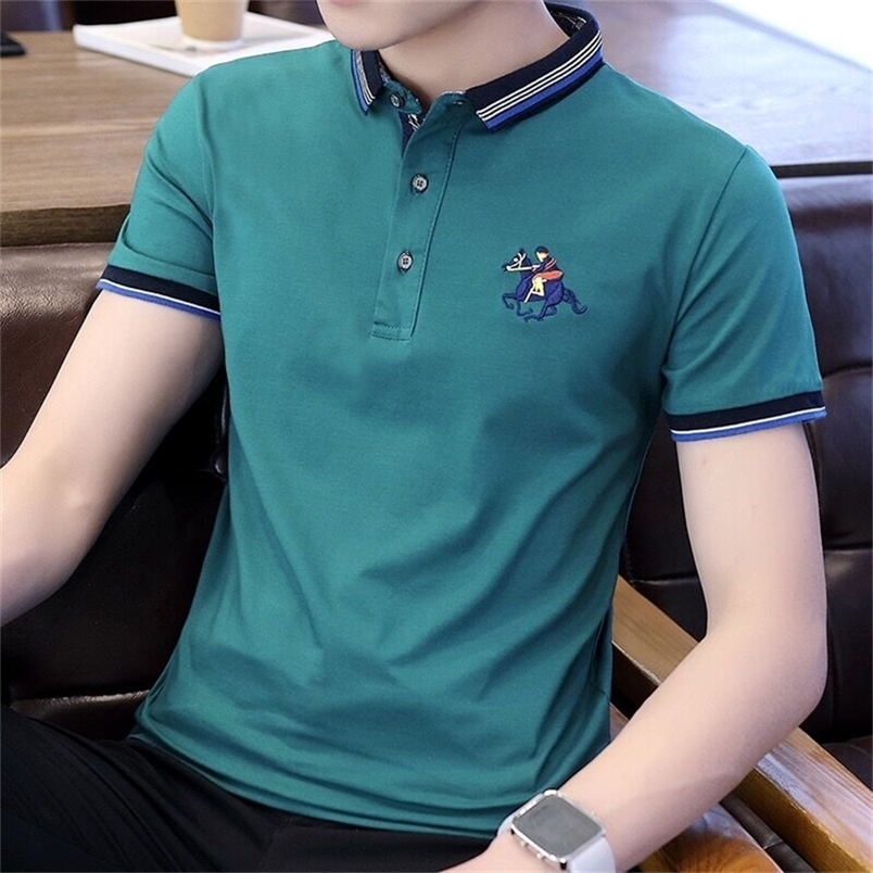 

Men polo shirt short sleeve summer lapel slim thin cotton male polo shirt teenage boy tops Korean style P10 220402, Army green