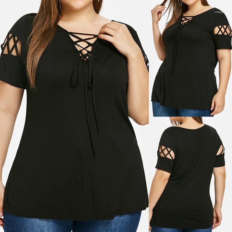 

Fashion Womens Bandage Tops Hollow Out Blouse Solid V-Neck Short Sleeves Casual 2022 Summer Shirt Lady Tunic Women's Blouses & Shirts, Black