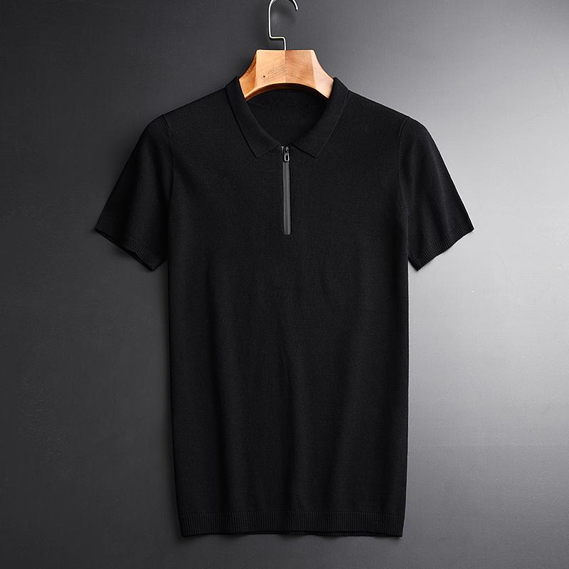 

Men' T-Shirts Mens Luxury Knitted Turn-down Collar Short Sleeve Plus Size 4xl Zipper Placket Slim Fit Man T-shirtMen, Black