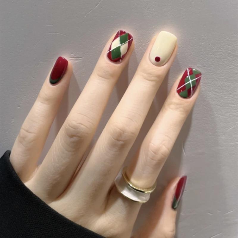 

False Nails Short Press On Nail Cute Checkerboard Design Full Coverage Fake Removable With Jelly Gel/Glue SAL99False, Glue models