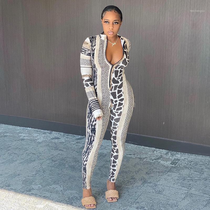 

Casual Dresses Women's Fashion Printed Stand-up Collar Low-cut Sexy Jumpsuit, Khaki